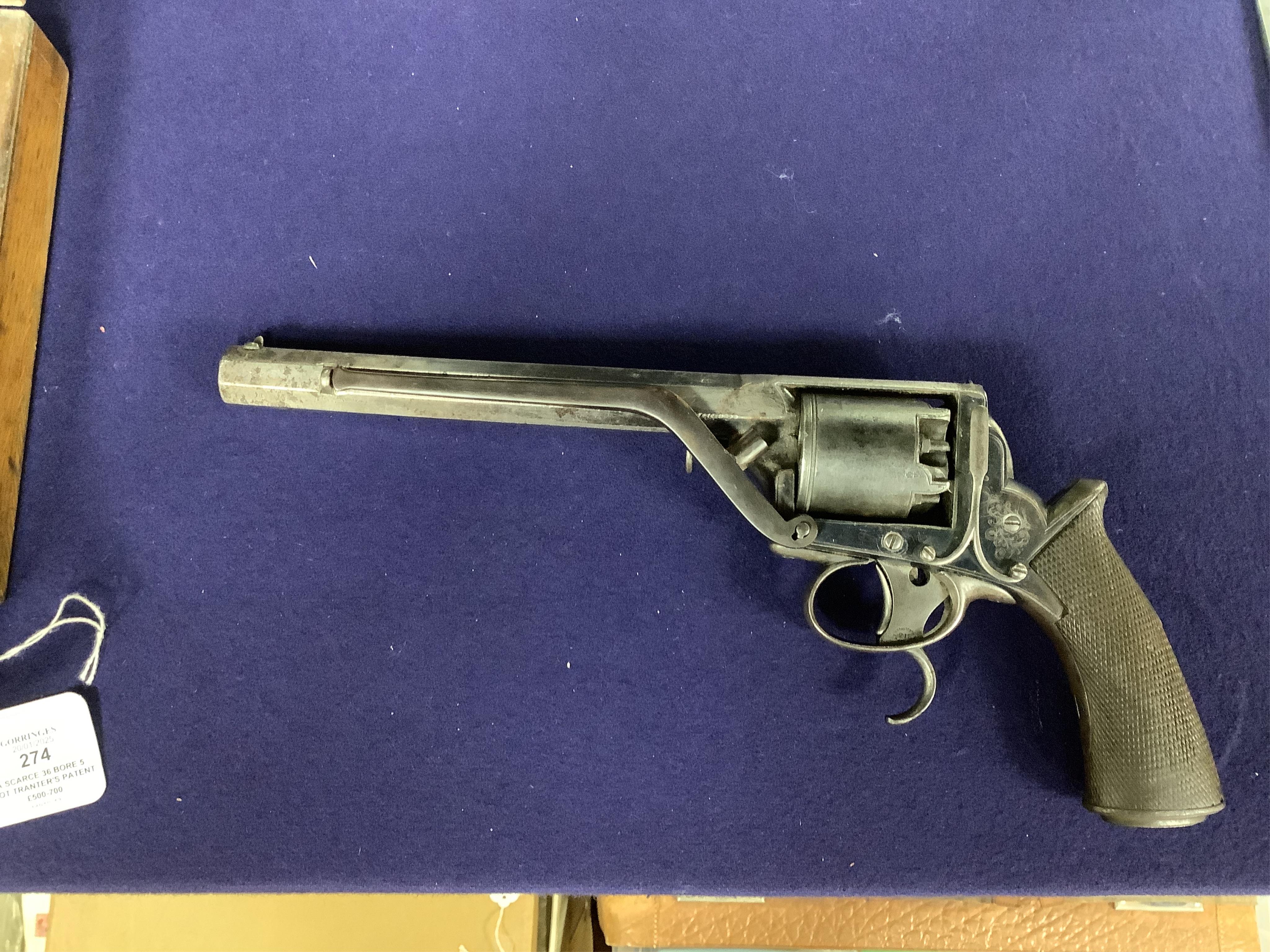 A scarce 36 bore 5 shot Tranter’s patent double trigger Dragoon percussion revolver retailed by T. Blissett, South Castle Street, Liverpool, number 2123, side lever detachable ramrod (replaced), foliate engraved frame, o